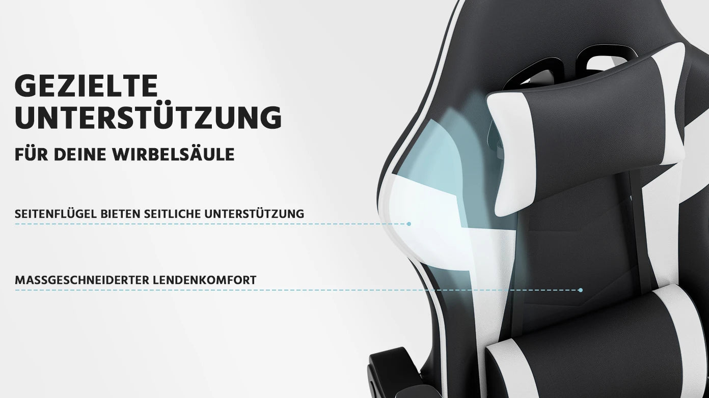 Black & White Gaming Chair, Ergonomic PU Leather Computer Chair with Footrest, Adjustable Swivel Office Chair with Lumbar Support & Headrest, Breathable High-Back Chair for Gaming & Work