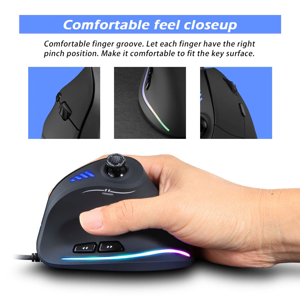 Zelotes C-18 bedrade gamingmuis 11 programmeerbare knoppen 10000DPI laserengine RGB-lichtband 128KB verticale muis voor laptop en pc