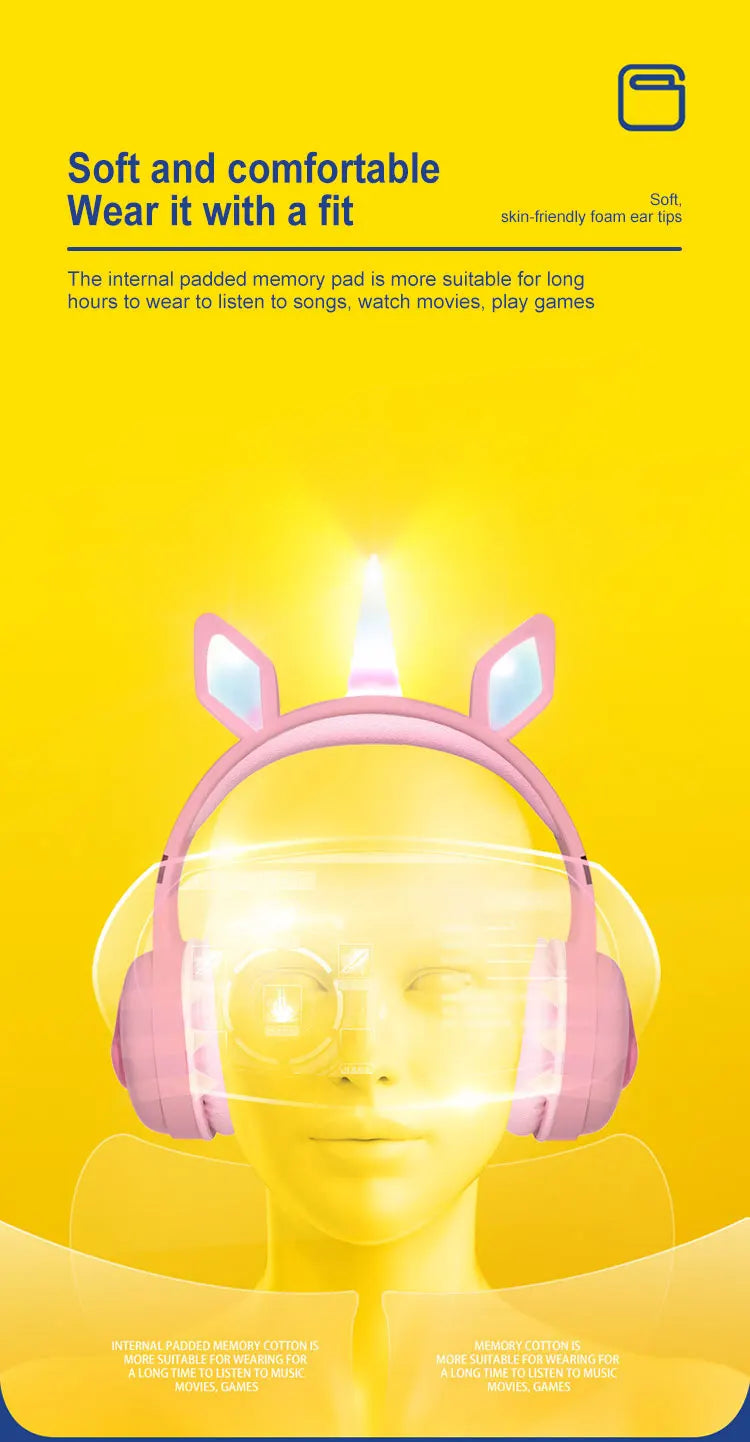 Glow Unicorn Headphones | Bunny Ear Bluetooth Headset with Mic & TF Slot | Wireless Over-Ear LED