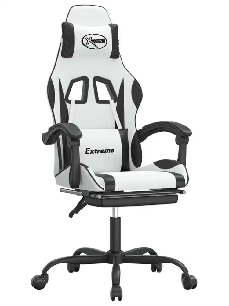 Gaming Chair with Footrest White and Black 57.5X59.5X121-131 Cm, Reclining, Swivel 360 ° Metal Structure, Load Capacity 110 kg