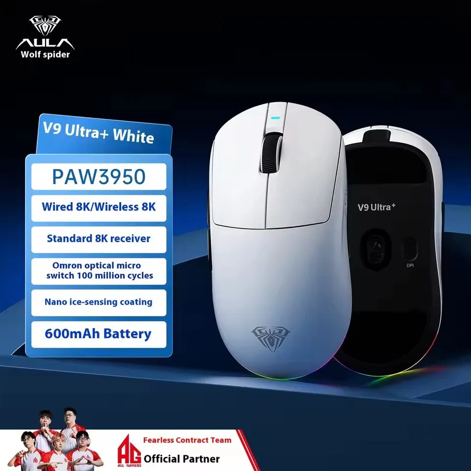 Ratón gaming e-sports inalámbrico Aula V9 Ultra Double 8k 3mode PAW 3950 8k 55g, ligero y ergonómico, accesorio PC personalizable