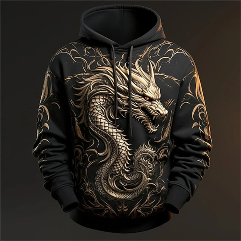Hoodie de homem com estampado de dragão chinês, padrão de dragão 3D, nova sweatshirt oversized estilo hip hop Harajuku