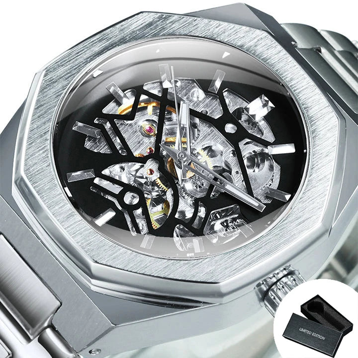 WINNER Black Gold Skeleton Mechanical Watches for Men Fashion irregular Automatic Watch Luxury Brand Stainless Steel Strap 2023