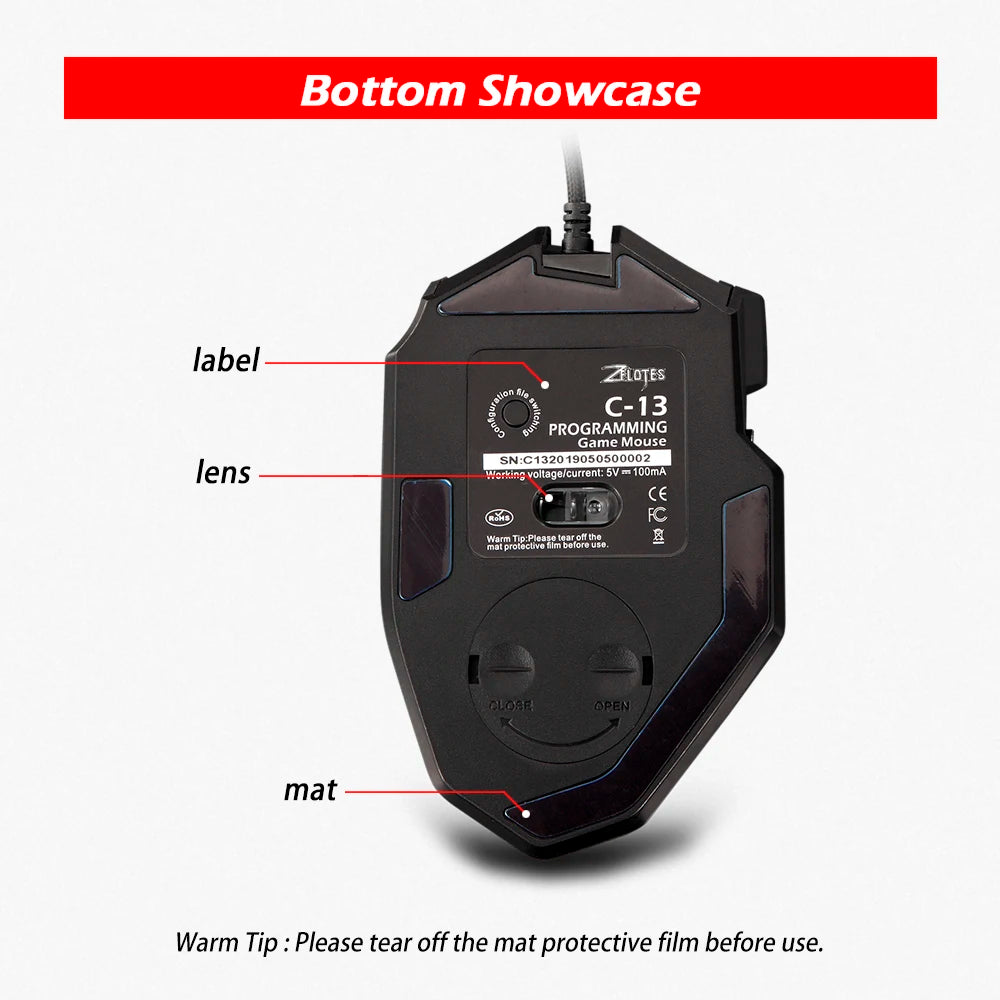 ZELOTES C13 Wired Mouse Programming Gaming Mouse 13 Keys 10000DPI RGB Light Laser Mouse for Laptop Computer PC