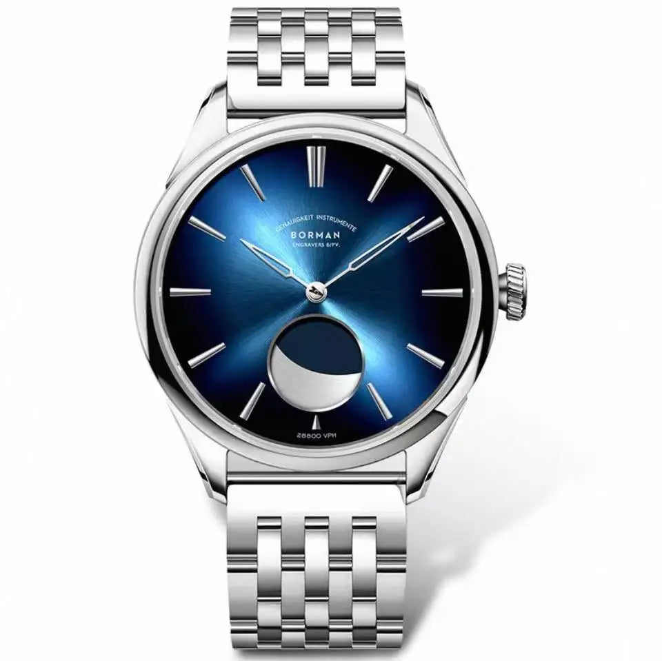 Borman Mens Automatic Watches Luxury Moon Phase Male Watch Mechanical Wristwatch Fashion 50M Waterproof Sapphire Leather Strap