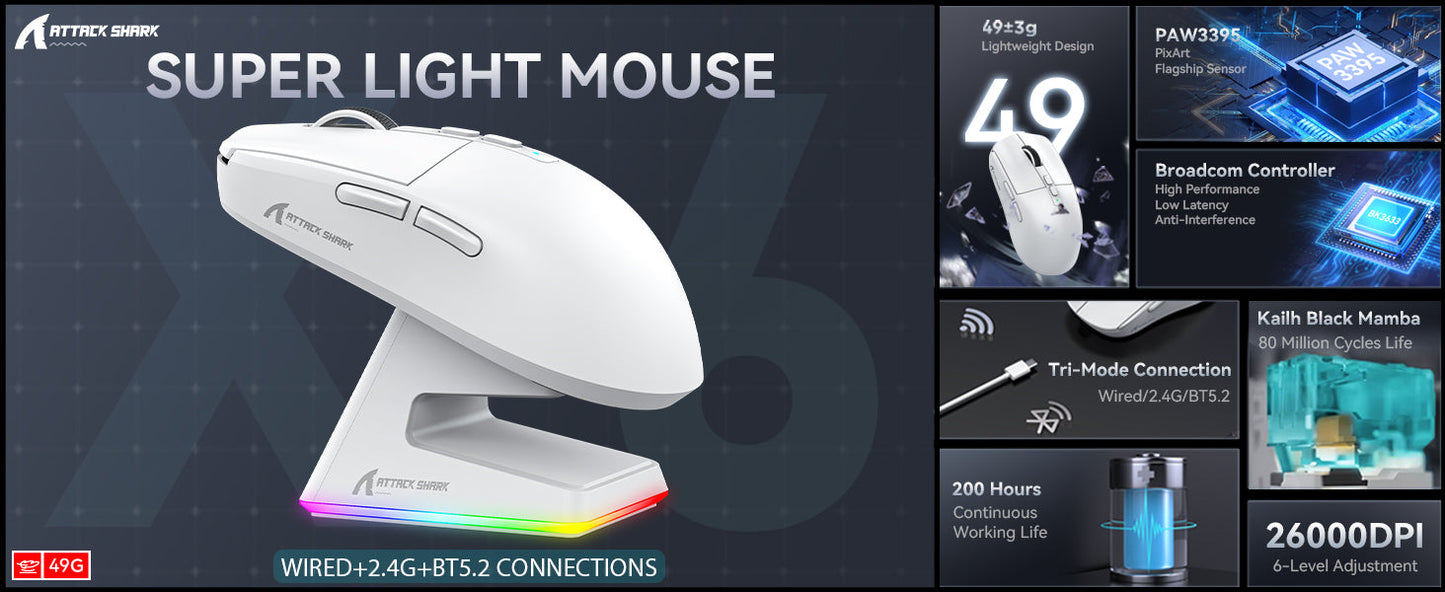 ATTACK SHARK X6 49g SUPERLIGHT Gaming Mouse With Charging Dock, PixArt PAW3395 Gaming Sensor, BT/2.4G Wireless/Wired, 26000 DPI