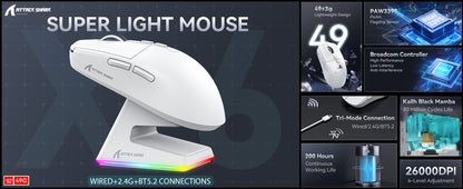 ATTACK SHARK X6 49g SUPERLIGHT Gaming Mouse With Charging Dock, PixArt PAW3395 Gaming Sensor, BT/2.4G Wireless/Wired, 26000 DPI