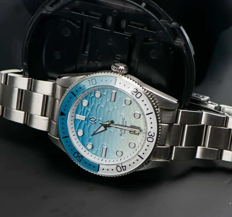 WISHDOIT Men's Automatic Dive Watch With Ocean Blue And White Ripple Dial 8215 Movement Sapphire Glass Mirror