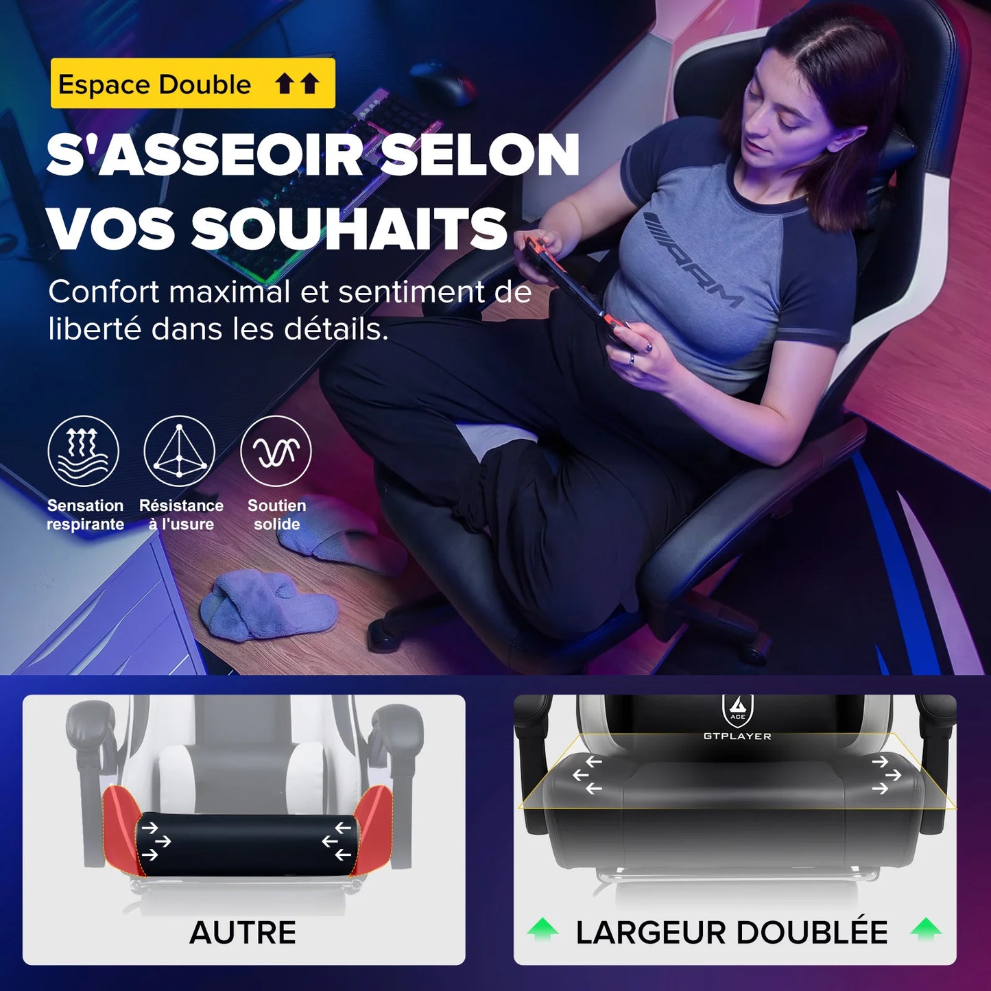 GTPLAYER Gaming Chair Ergonomic Gaming Armchair Desk Chair Faux Leather, Spring Seat Cushion, Connecting Armrests and Footrest 150KG