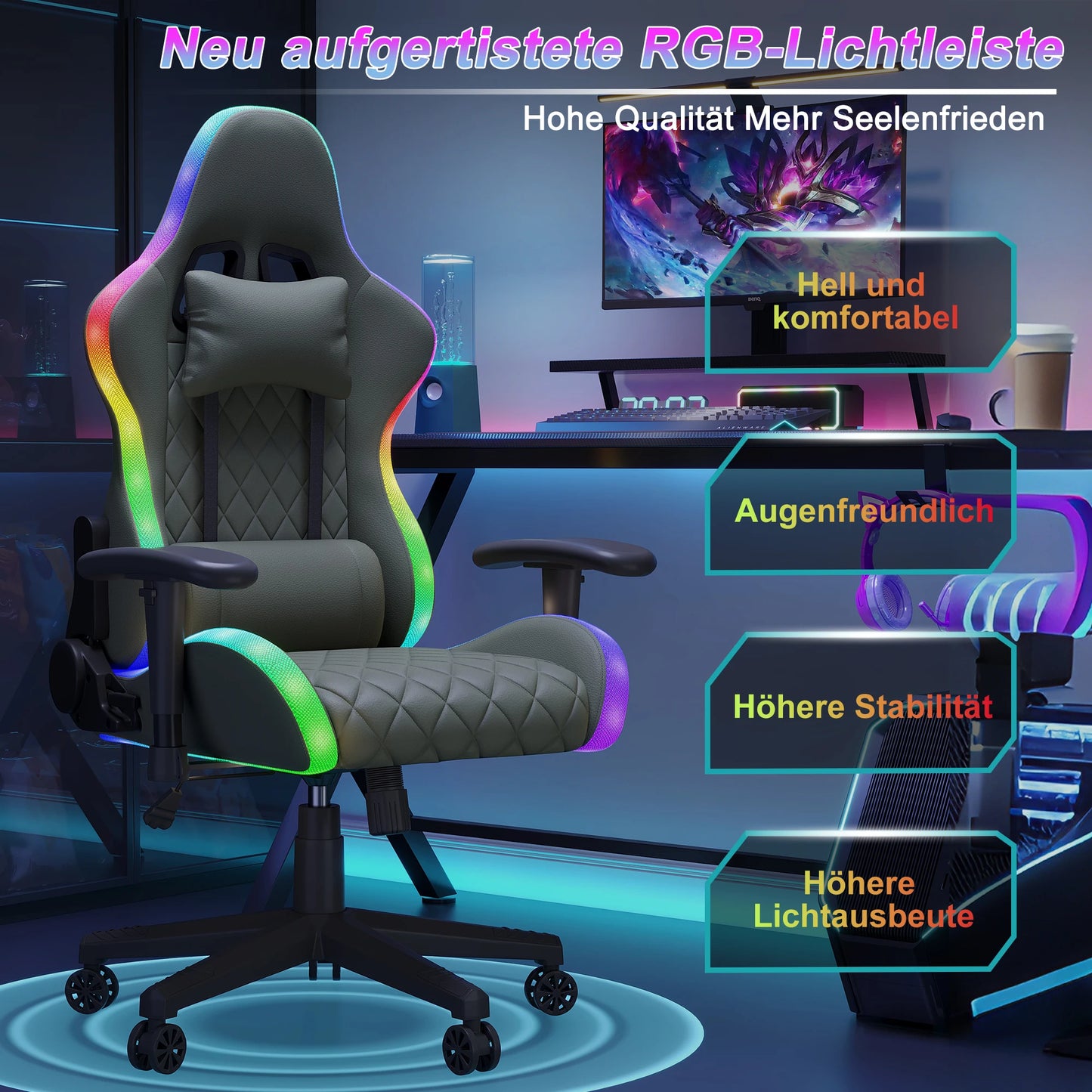Comanlai Rgonomic Gaming Chair with RGB Lighting, PVC Leather Computer Chair, Adjustable Seat Height and Backrest, Waist Massage