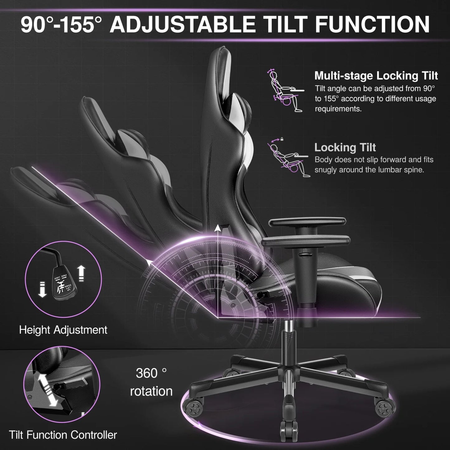 Gaming chair, PU leather adjustable in multiple directions, with lumbar support and headrest, ergonomic, black and white