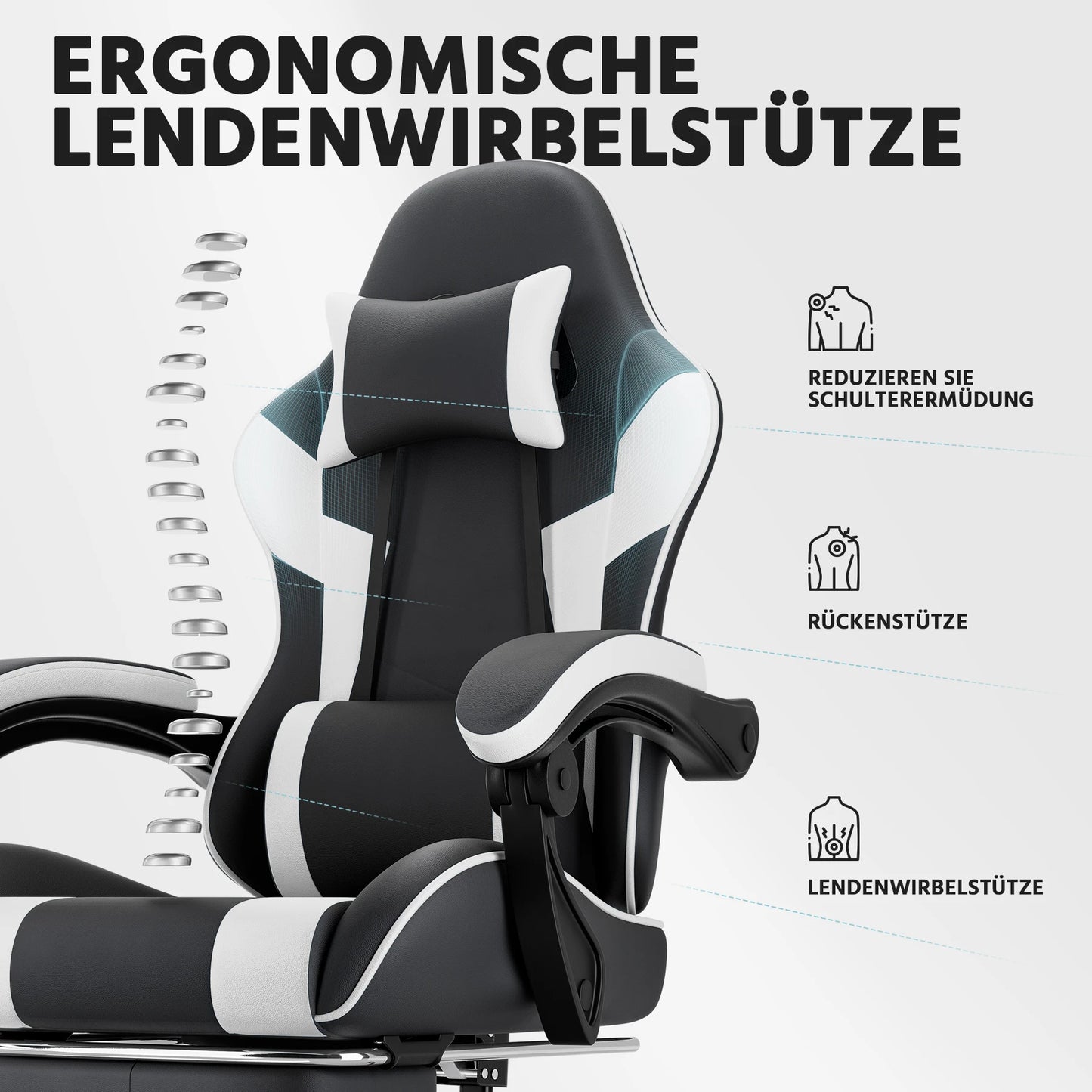 Black & White Gaming Chair, Ergonomic PU Leather Computer Chair with Footrest, Adjustable Swivel Office Chair with Lumbar Support & Headrest, Breathable High-Back Chair for Gaming & Work