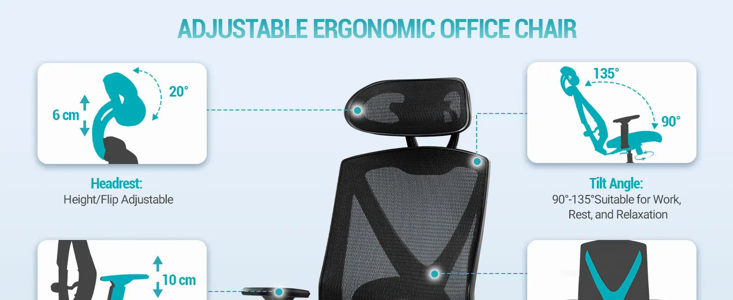 1 Black Ergonomic Office Chair,Computer Chair,Swivel Chair with Adjustable Lumbar Support,Headrest and Armrest,Height Adjustment