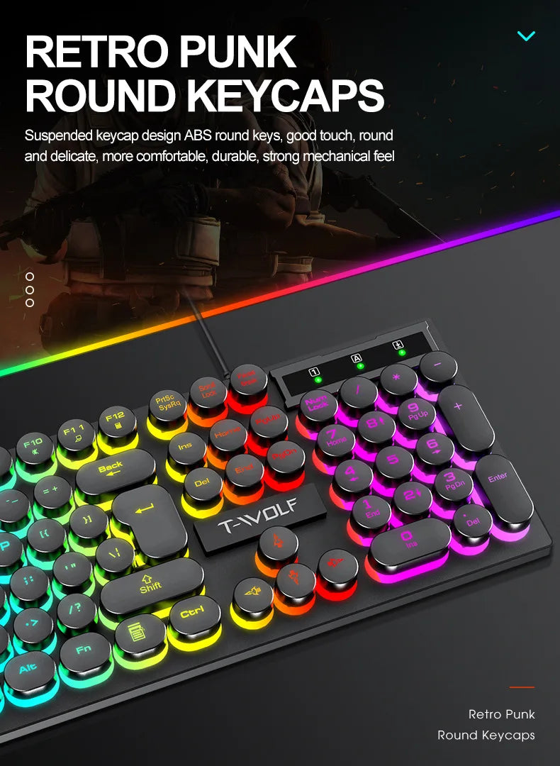Russian Keyboard with Russian English Letter 100% Keyboard Mouse Kit Translucent Keycaps Backlight Punk Round Keycap Wired TF270