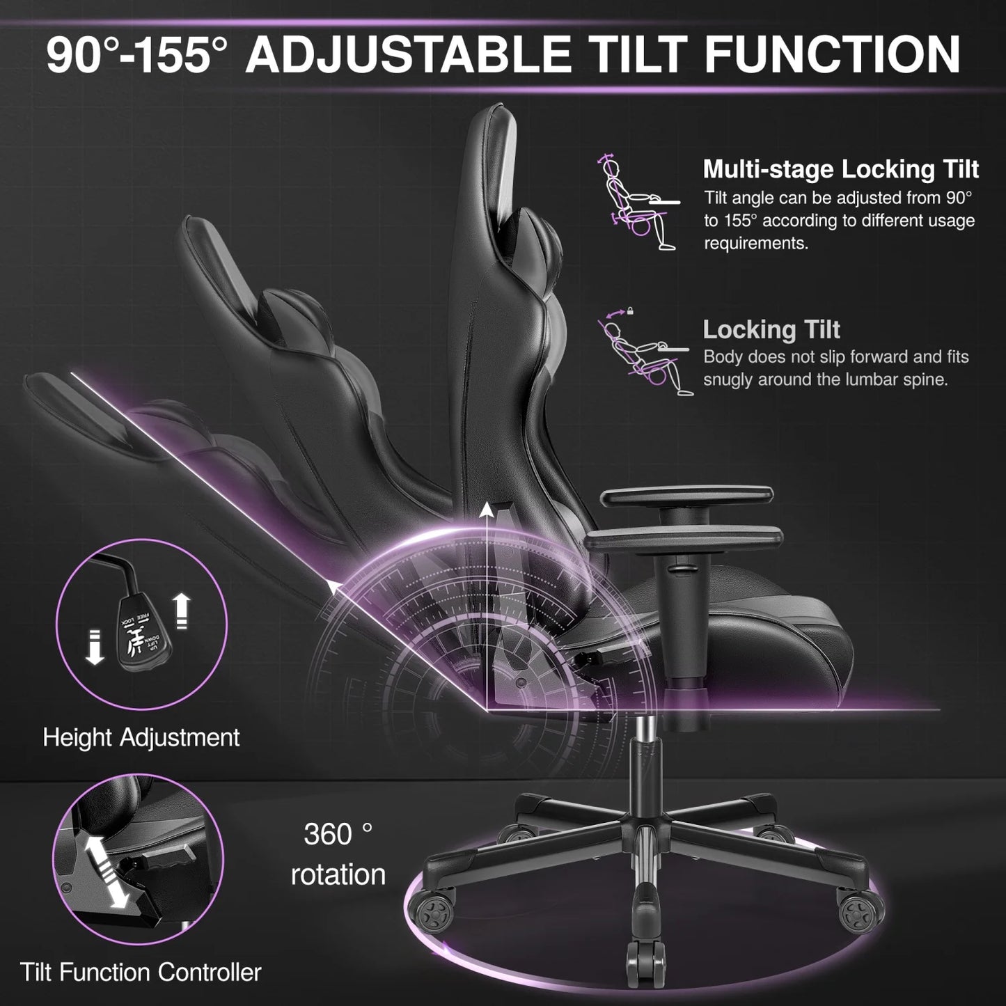 Gaming chair PU leather adjustable in multiple directions, with lumbar support and headrest, ergonomic, black-gray