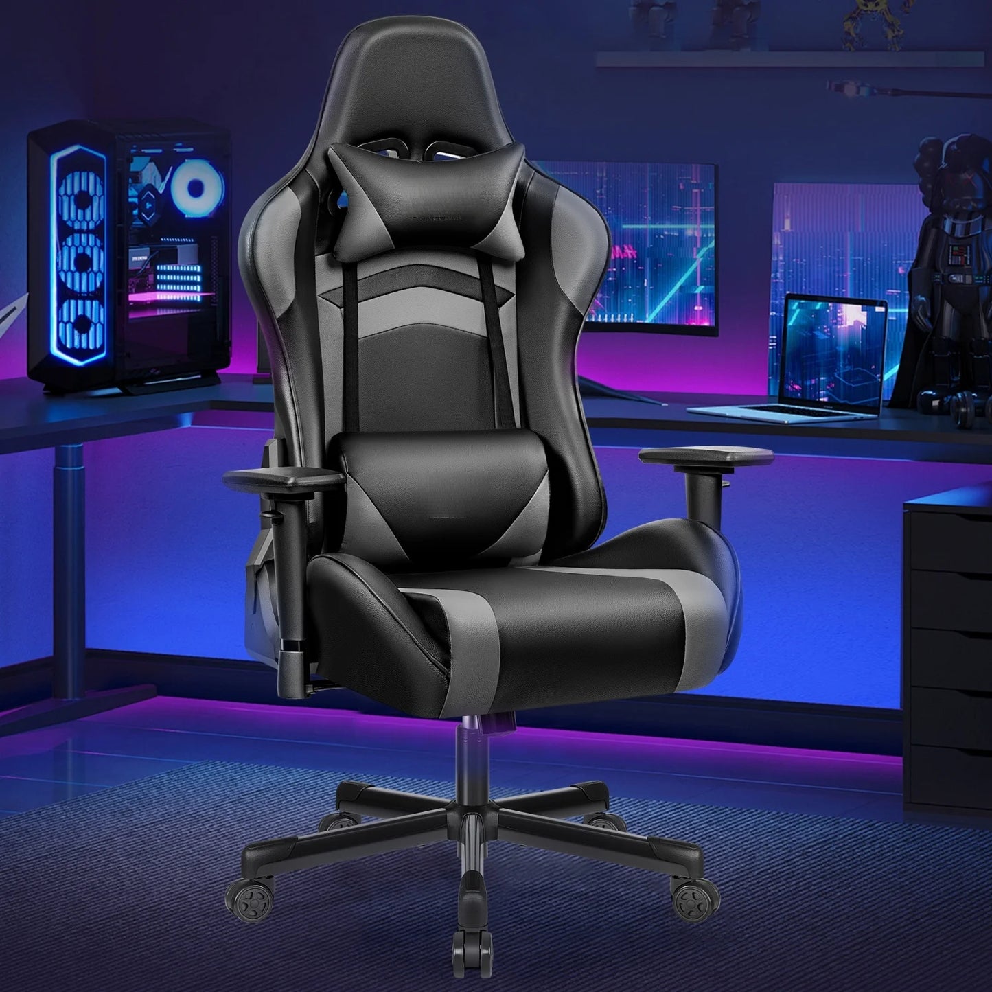 Gaming chair PU leather adjustable in multiple directions, with lumbar support and headrest, ergonomic, black-gray