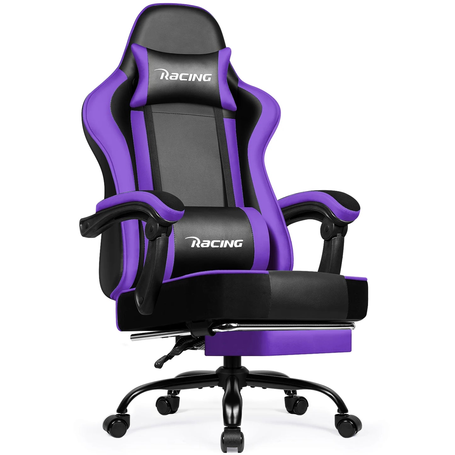 Portreen Gaming chair with footrest, ergonomic gaming chair, gaming armchair with adjustable lumbar cushion and headrest, height-adjustable swivel, rocking function up to 170°, gaming chair for up to 150 kg, black, perfect f