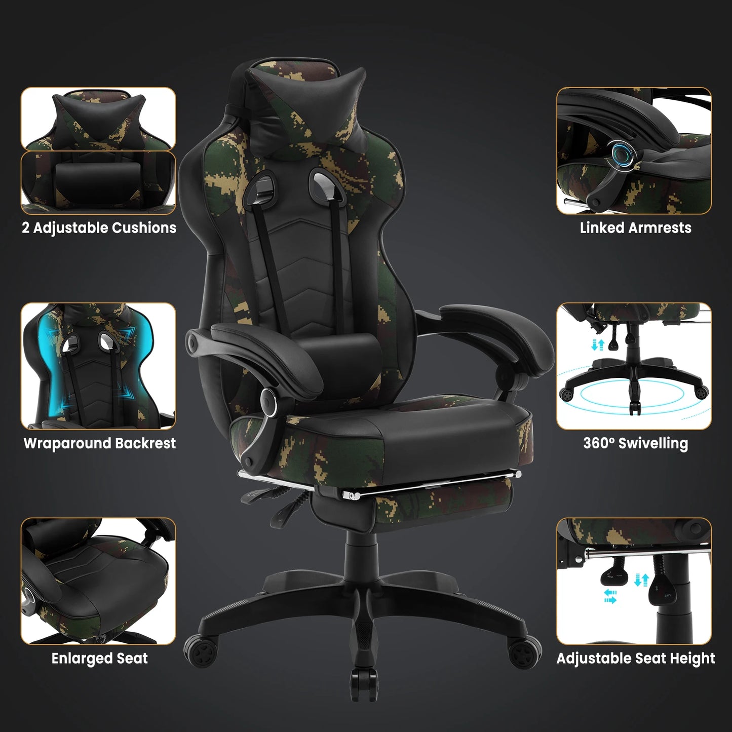 WOLTU Swivel  Gaming Racing Chair Desk Office Computer Chair Sports Seat with Headrest Lumbar Cushion Footrest Gamer Chair
