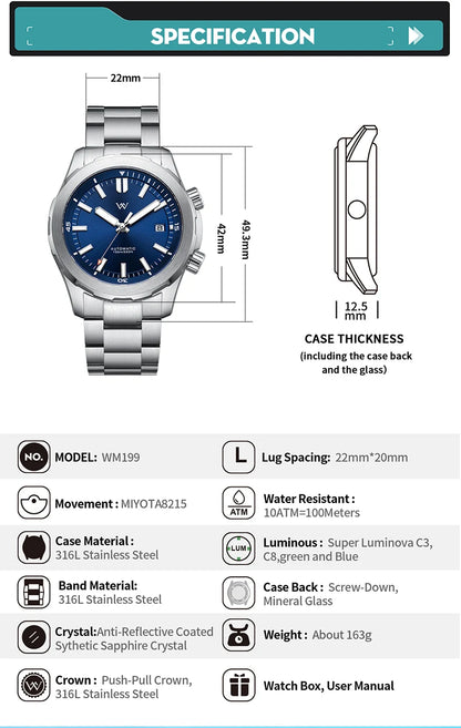WM Watch Men Automatic Mechanical Watch Miyota8215 Sapphire AR Coated 100M Waterproof Man Business Welly Merck Watches 199M-WM