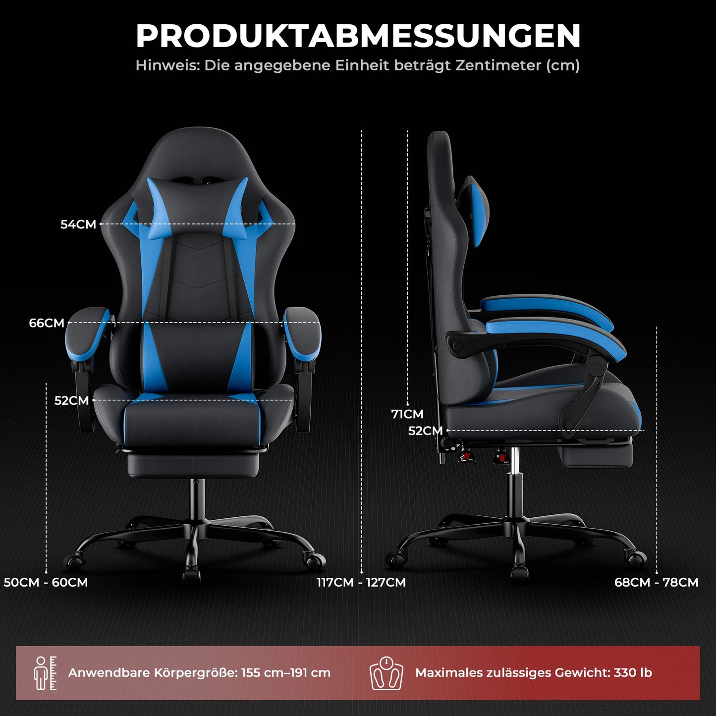 Black & Blue PU Leather Gaming Chair, Ergonomic Racing Style Computer Chair with Footrest, Height Adjustable Swivel Office Chair with Lumbar Support & Headrest for Adults, Boys and Girls