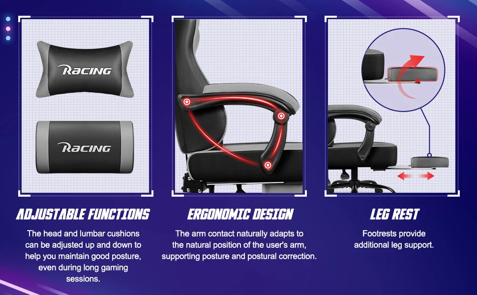 Portreen Gaming chair with footrest, ergonomic gaming chair, gaming armchair with adjustable lumbar cushion and headrest, height-adjustable swivel, rocking function up to 170°, gaming chair for up to 150 kg, black, perfect f