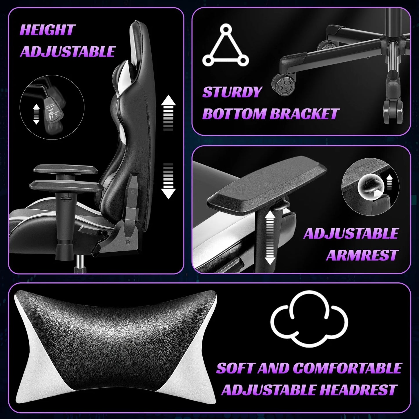 Gaming chair multi-directional adjustable PU leather ergonomic lumbar support Headrest Black and White