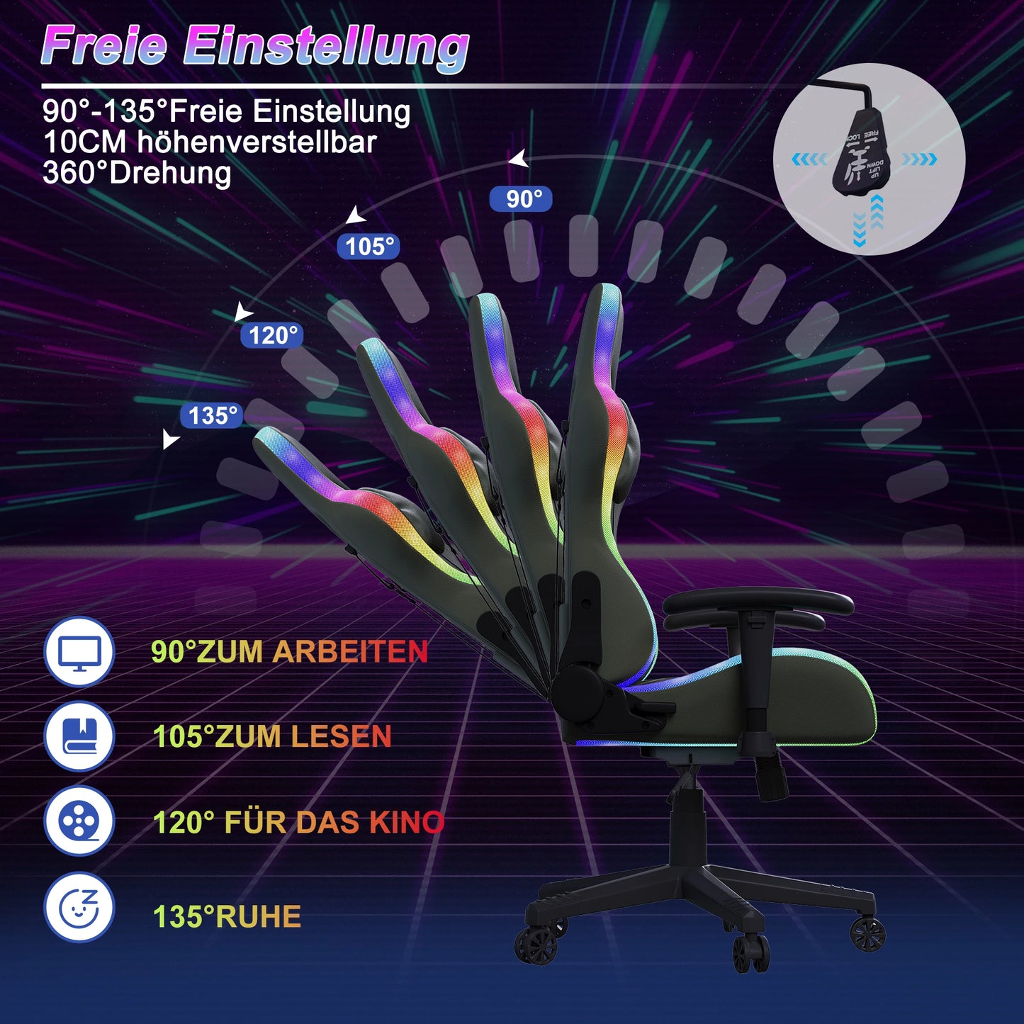 Comanlai Rgonomic Gaming Chair with RGB Lighting, PVC Leather Computer Chair, Adjustable Seat Height and Backrest, Waist Massage