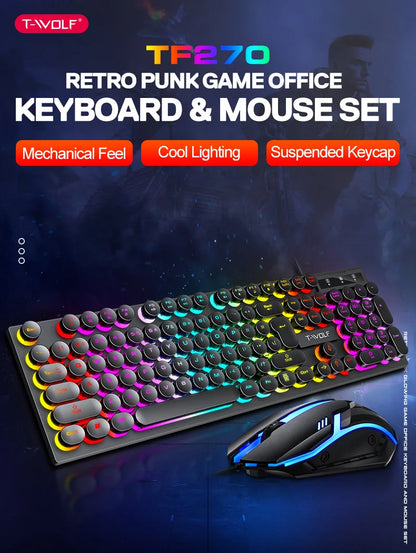 Russian Keyboard with Russian English Letter 100% Keyboard Mouse Kit Translucent Keycaps Backlight Punk Round Keycap Wired TF270