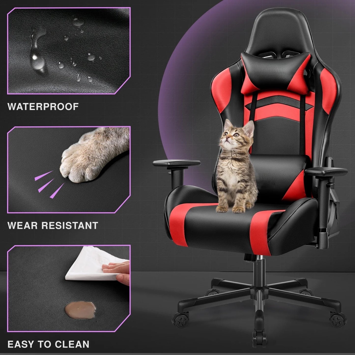 Gaming chair, PU leather adjustable in multiple directions, with lumbar support and headrest, ergonomic, black and red