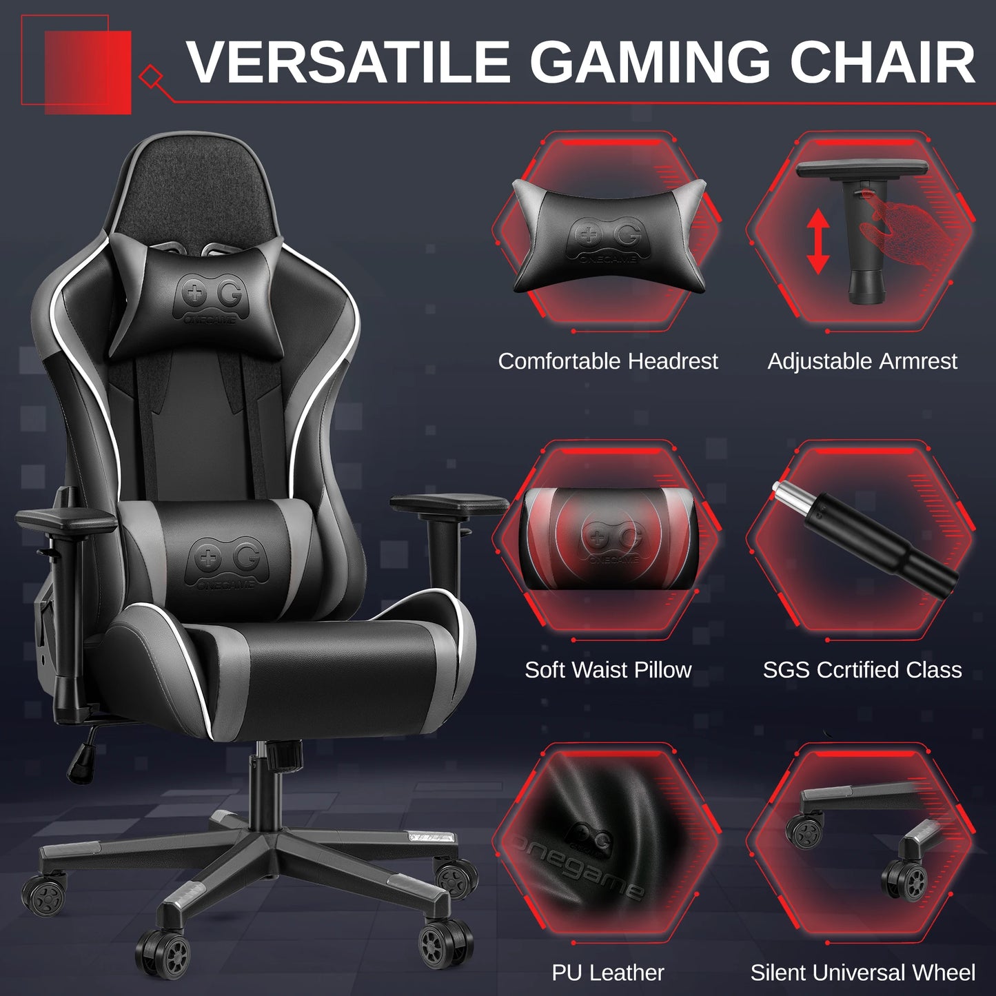Gaming Chair, Ergonomic, PU Leather, Adjustable Armrests, Waterproof, Max 150kg, Black/Gray