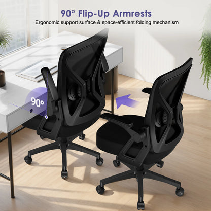 Hiazurm Ergonomic Office Chair, with Adjustable Lumbar Support, 90° Foldable Armrests & Rocking Function, 150kg Capacity
