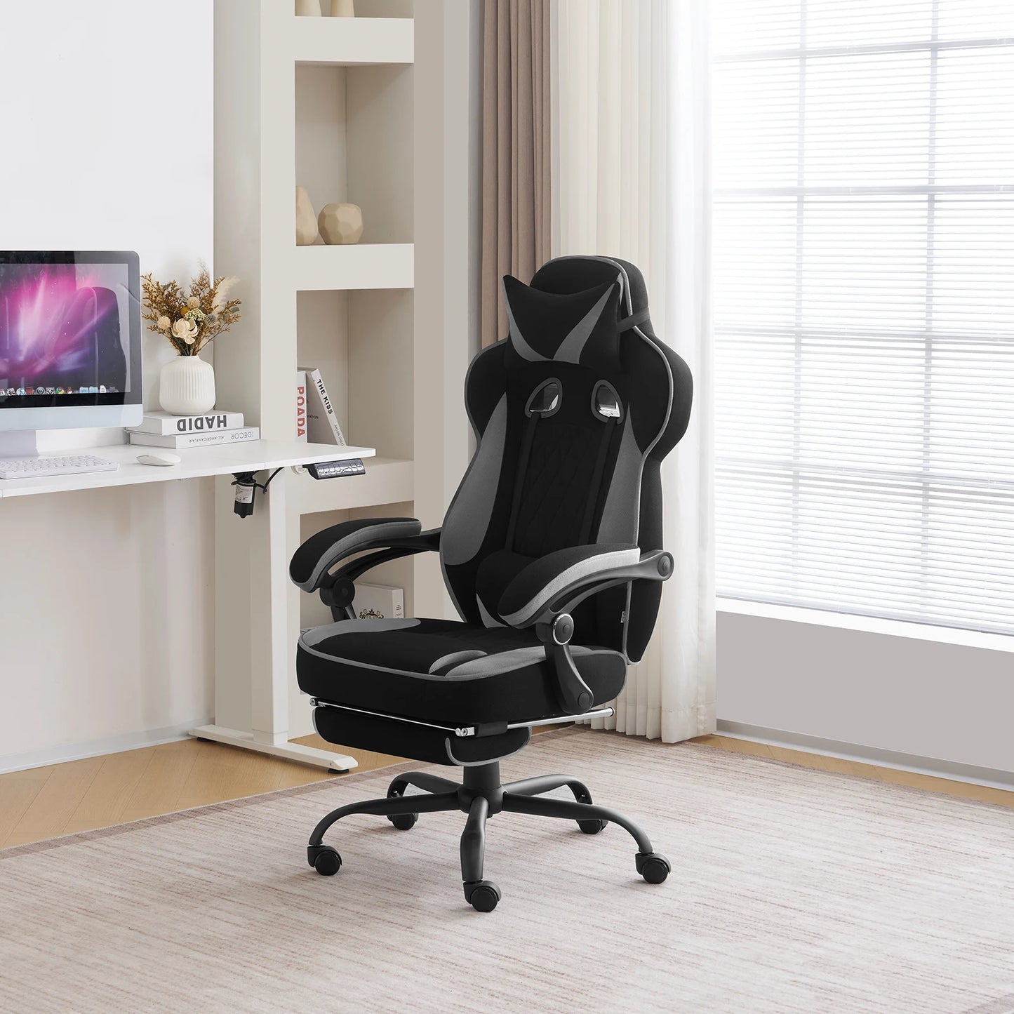 WOLTU Swivel Gaming Chair with Pocket Spring Cushion Ergonomic Office Chair Wide Seat Footrest Rotatable Computer Armchair