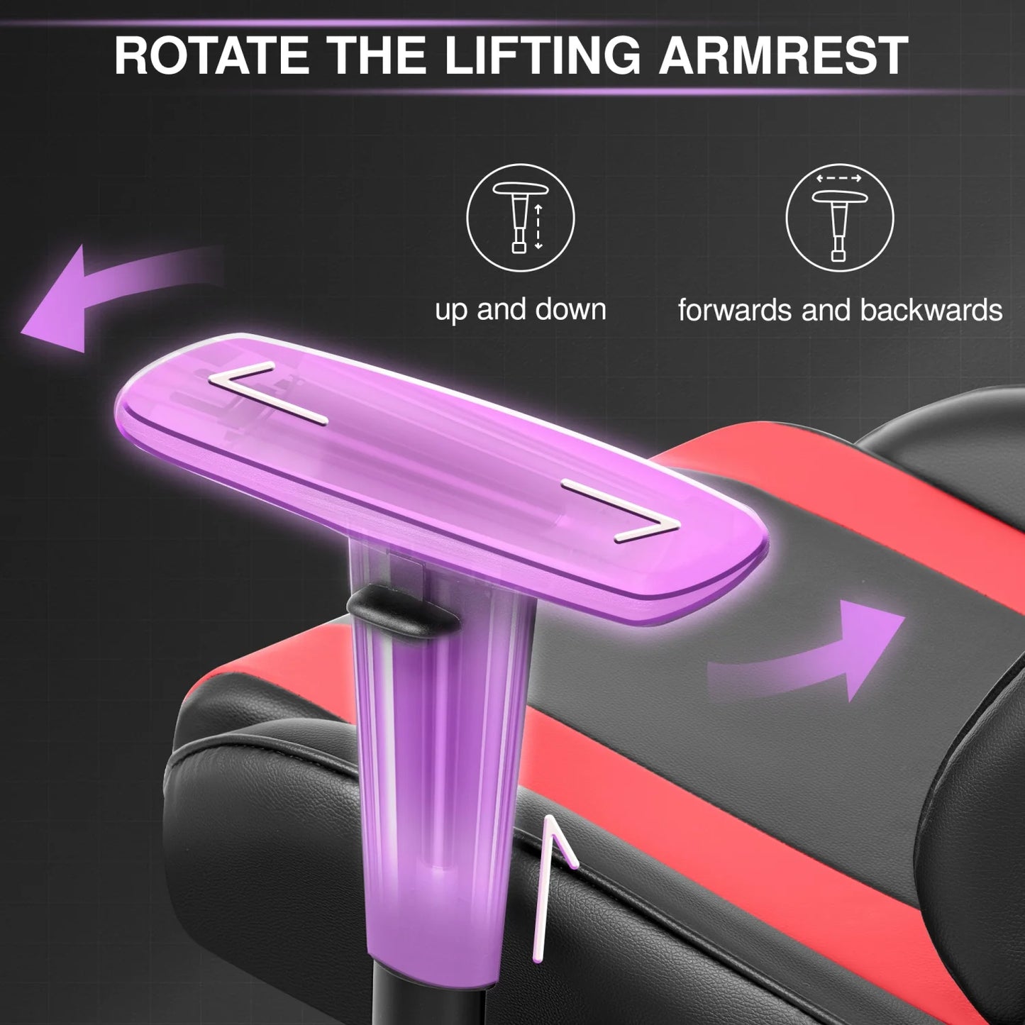 Gaming chair, PU leather adjustable in multiple directions, with lumbar support and headrest, ergonomic, black and red
