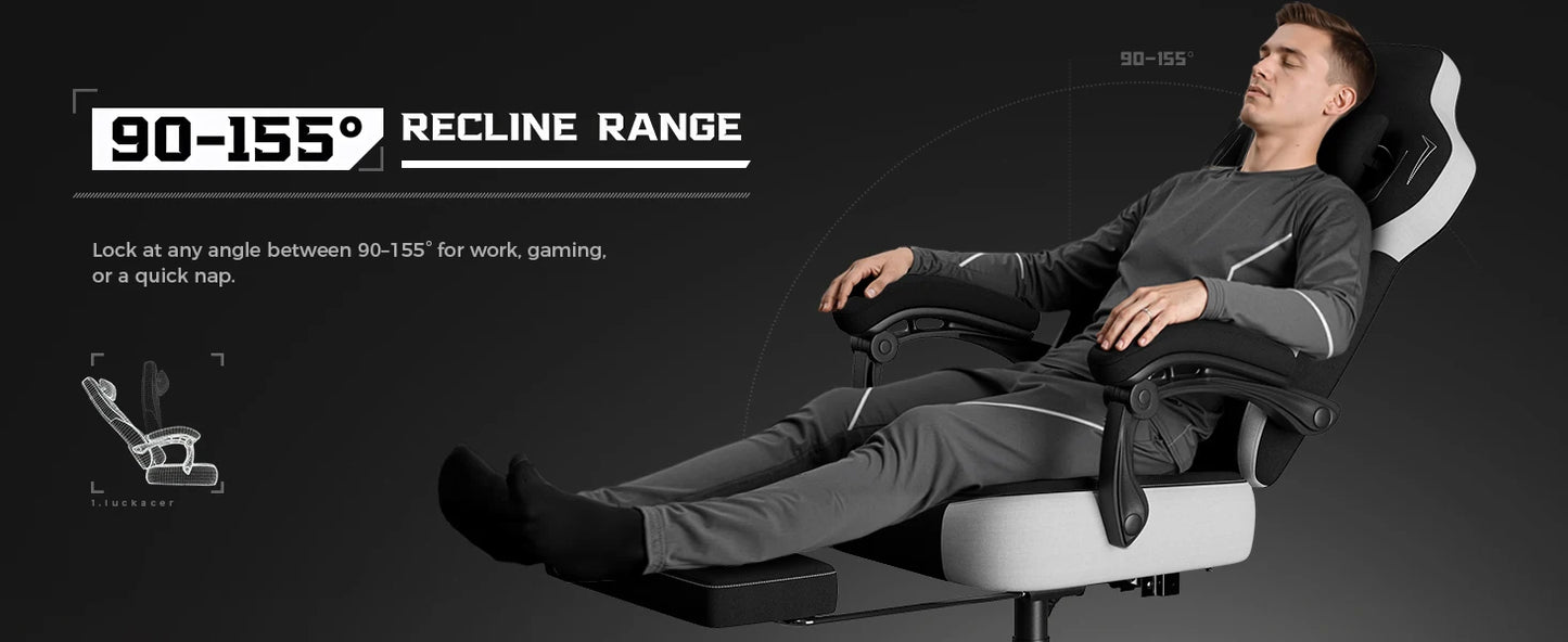 LUCK RACER Gaming chair, Connected Armrests Office Chair, Memory Foam Cushion, 90-155 ° Incline Angle and Footrest