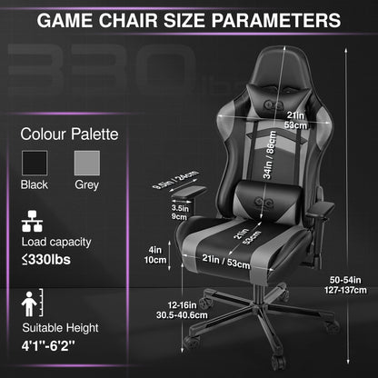 Gaming Chair, Ergonomic, PU Leather, Adjustable Armrests, Waterproof, Max 150kg, Black/Gray