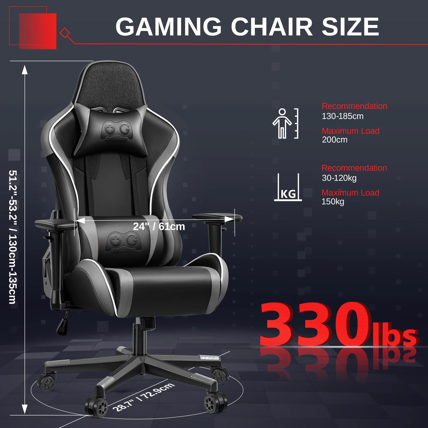 Gaming Chair, Ergonomic, PU Leather, Adjustable Armrests, Waterproof, Max 150kg, Black/Gray