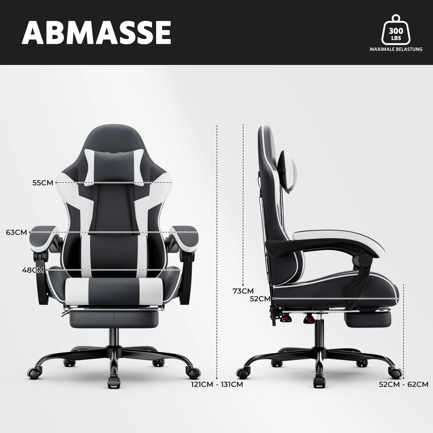 Black & White Gaming Chair, Ergonomic PU Leather Computer Chair with Footrest, Adjustable Swivel Office Chair with Lumbar Support & Headrest, Breathable High-Back Chair for Gaming & Work