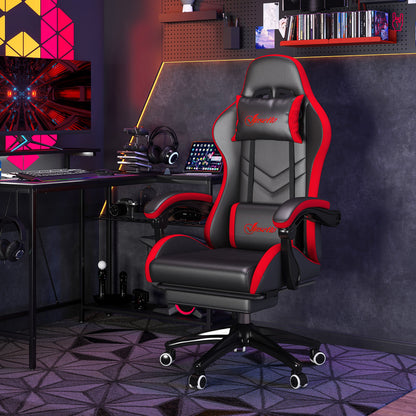 Vinsetto Ergonomic Reclining Gaming Chair 135 ° , Pu Leather Racing Gamer Chair with Lumbar Support, Adjustable Height, Headrest and Retractable Footrest, for Office, Study, Black and Red