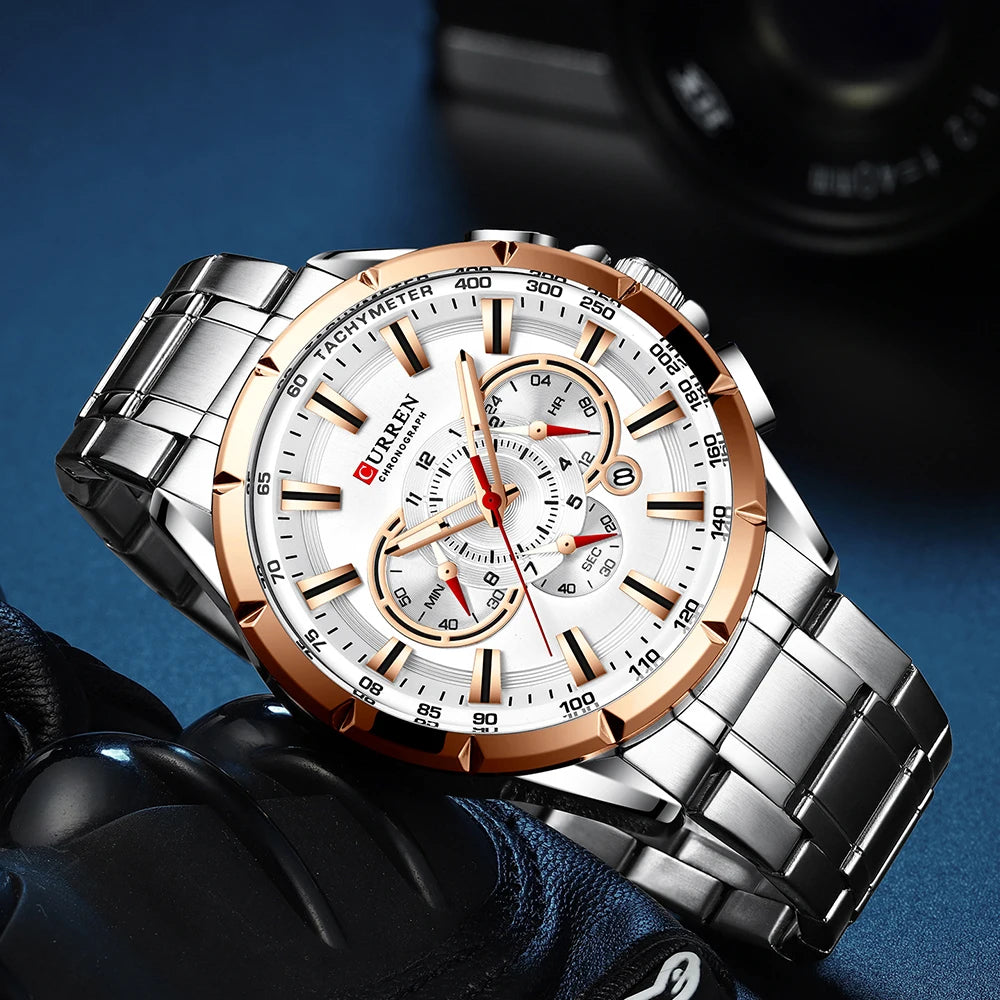 CURREN Business Herren-Armbanduhr, Luxusmarke, Edelstahl-Armbanduhr, Chronograph, Army Military Quarzuhren