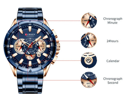 CURREN Business Herren-Armbanduhr, Luxusmarke, Edelstahl-Armbanduhr, Chronograph, Army Military Quarzuhren