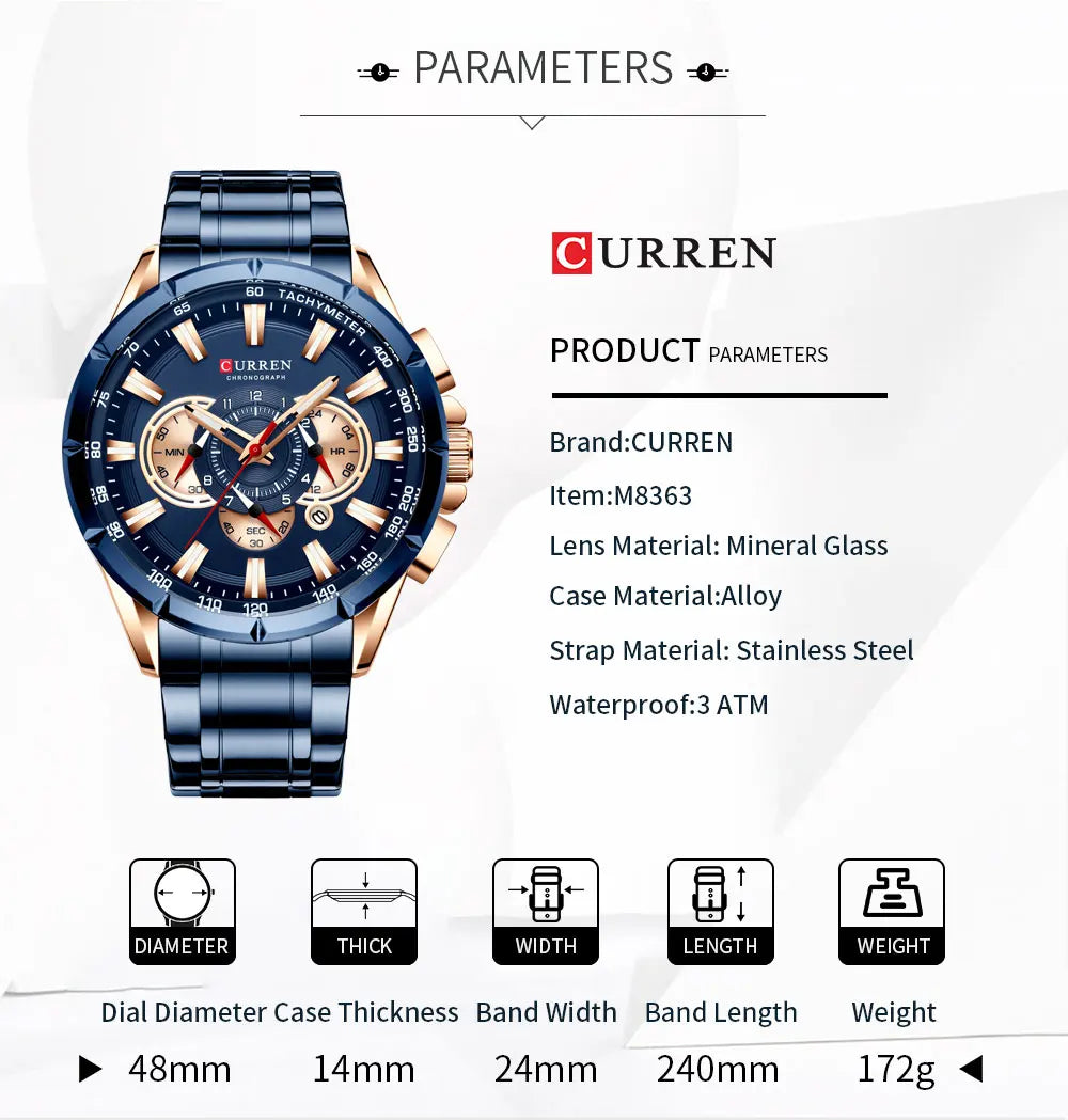 CURREN Business Herren-Armbanduhr, Luxusmarke, Edelstahl-Armbanduhr, Chronograph, Army Military Quarzuhren