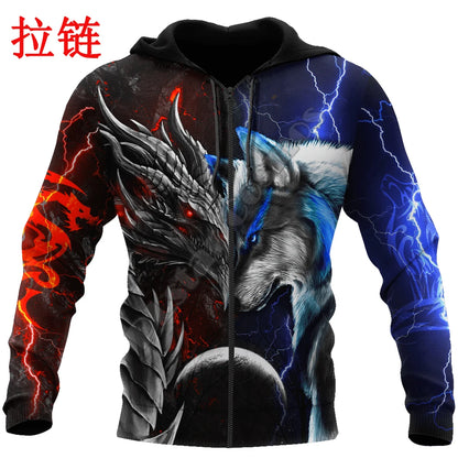 Červeno-modrá 3D mikina s potlačou draka a vlka pre mužov na jeseň, unisex streetwear, ležérna mikina so zipsom alebo pulóver KJ494