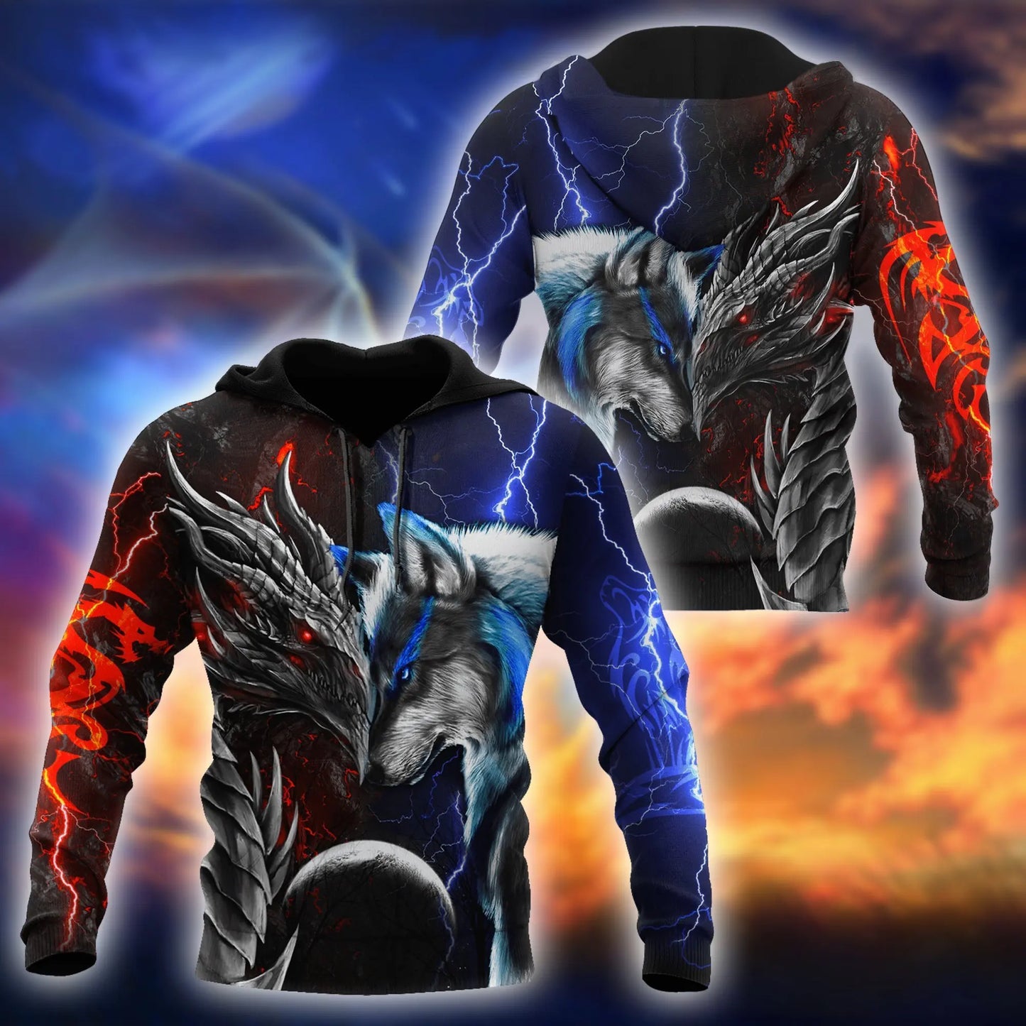 Červeno-modrá 3D mikina s potlačou draka a vlka pre mužov na jeseň, unisex streetwear, ležérna mikina so zipsom alebo pulóver KJ494