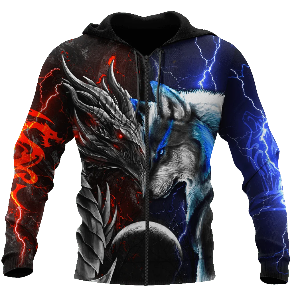 Červeno-modrá 3D mikina s potlačou draka a vlka pre mužov na jeseň, unisex streetwear, ležérna mikina so zipsom alebo pulóver KJ494