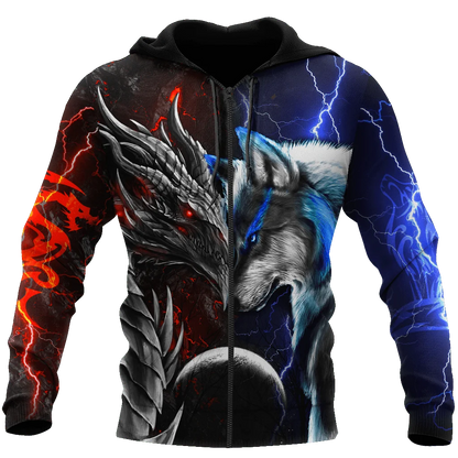 Červeno-modrá 3D mikina s potlačou draka a vlka pre mužov na jeseň, unisex streetwear, ležérna mikina so zipsom alebo pulóver KJ494
