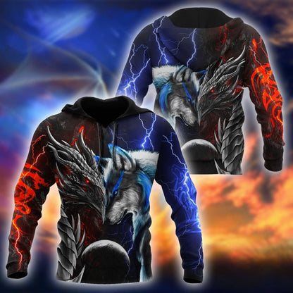 Červeno-modrá 3D mikina s potlačou draka a vlka pre mužov na jeseň, unisex streetwear, ležérna mikina so zipsom alebo pulóver KJ494