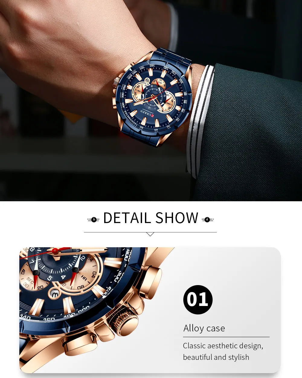 CURREN Business Herren-Armbanduhr, Luxusmarke, Edelstahl-Armbanduhr, Chronograph, Army Military Quarzuhren