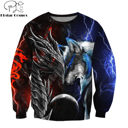 Červeno-modrá 3D mikina s potlačou draka a vlka pre mužov na jeseň, unisex streetwear, ležérna mikina so zipsom alebo pulóver KJ494