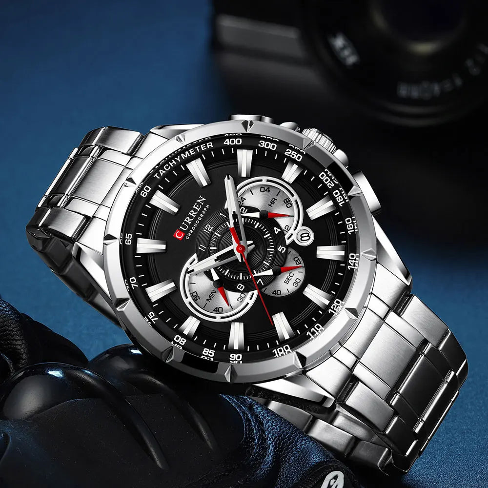 CURREN Business Herren-Armbanduhr, Luxusmarke, Edelstahl-Armbanduhr, Chronograph, Army Military Quarzuhren