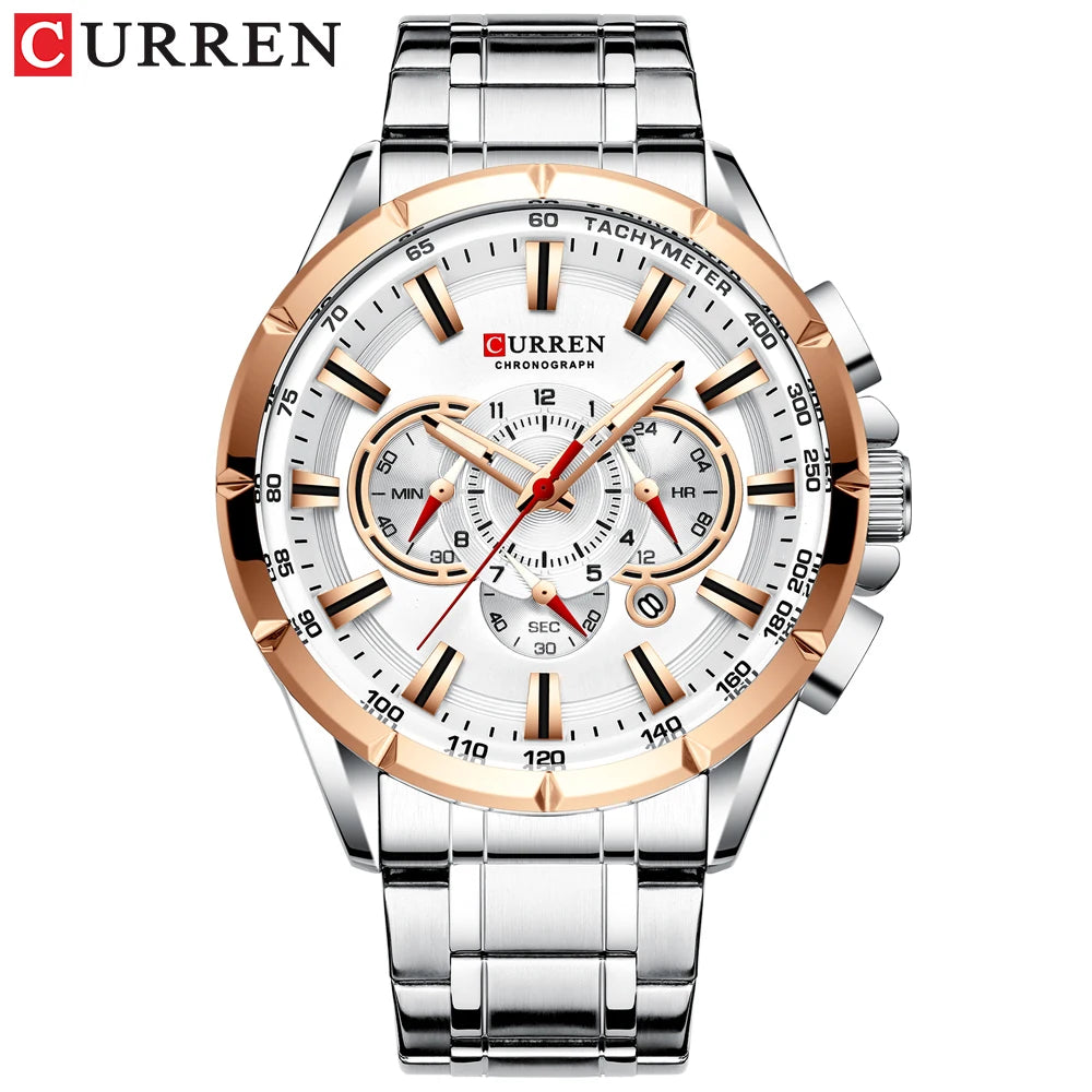 CURREN Business Herren-Armbanduhr, Luxusmarke, Edelstahl-Armbanduhr, Chronograph, Army Military Quarzuhren